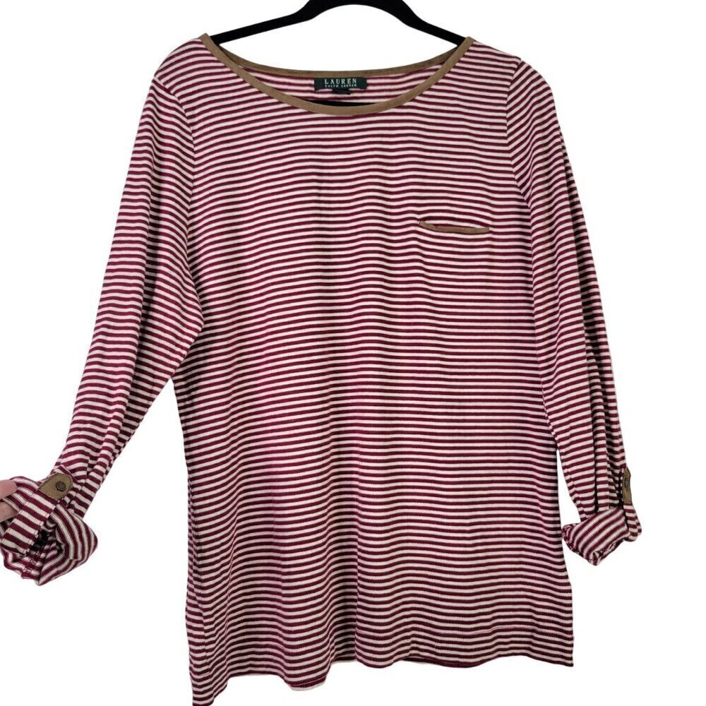 Lauren Ralph Lauren Striped Boat Neckline Suede Detail Roll Tab Sleeve Top Sz XL